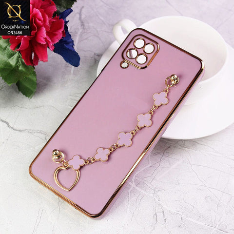 Samsung Galaxy A12 Cover - Purple - Electroplated Edges Soft Silicone Flower Chain Finger Holder Case