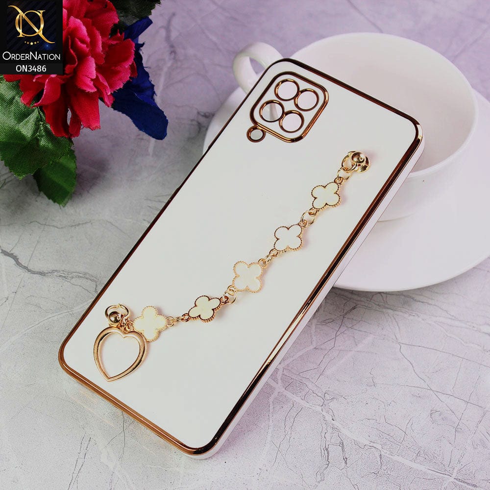 Samsung Galaxy A12 Nacho Cover - White - Electroplated Edges Soft Silicone Flower Chain Finger Holder Case