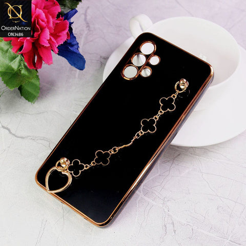 Samsung Galaxy A72 Cover - Black - Electroplated Edges Soft Silicone Flower Chain Finger Holder Case