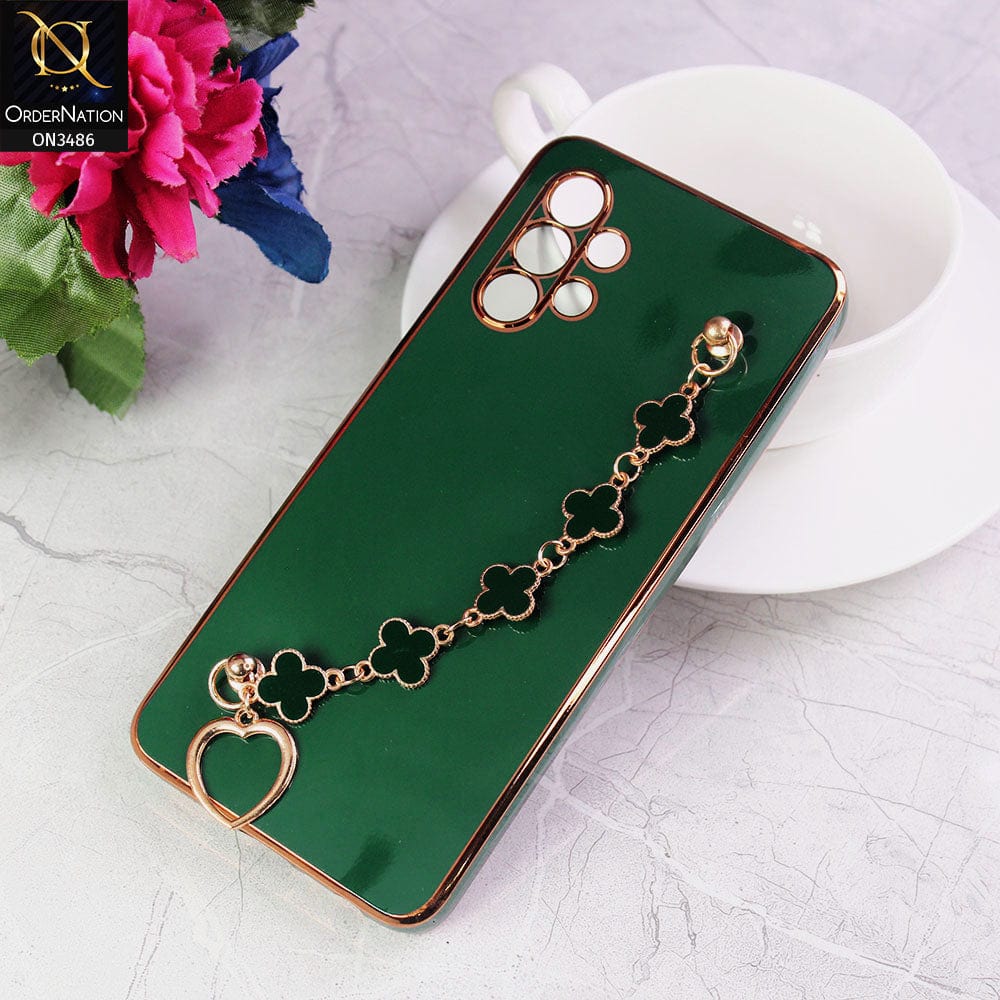 Samsung Galaxy A32 Cover - Green - Electroplated Edges Soft Silicone Flower Chain Finger Holder Case