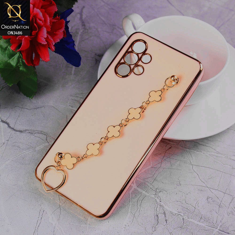 Samsung Galaxy A72 Cover - Pink - Electroplated Edges Soft Silicone Flower Chain Finger Holder Case