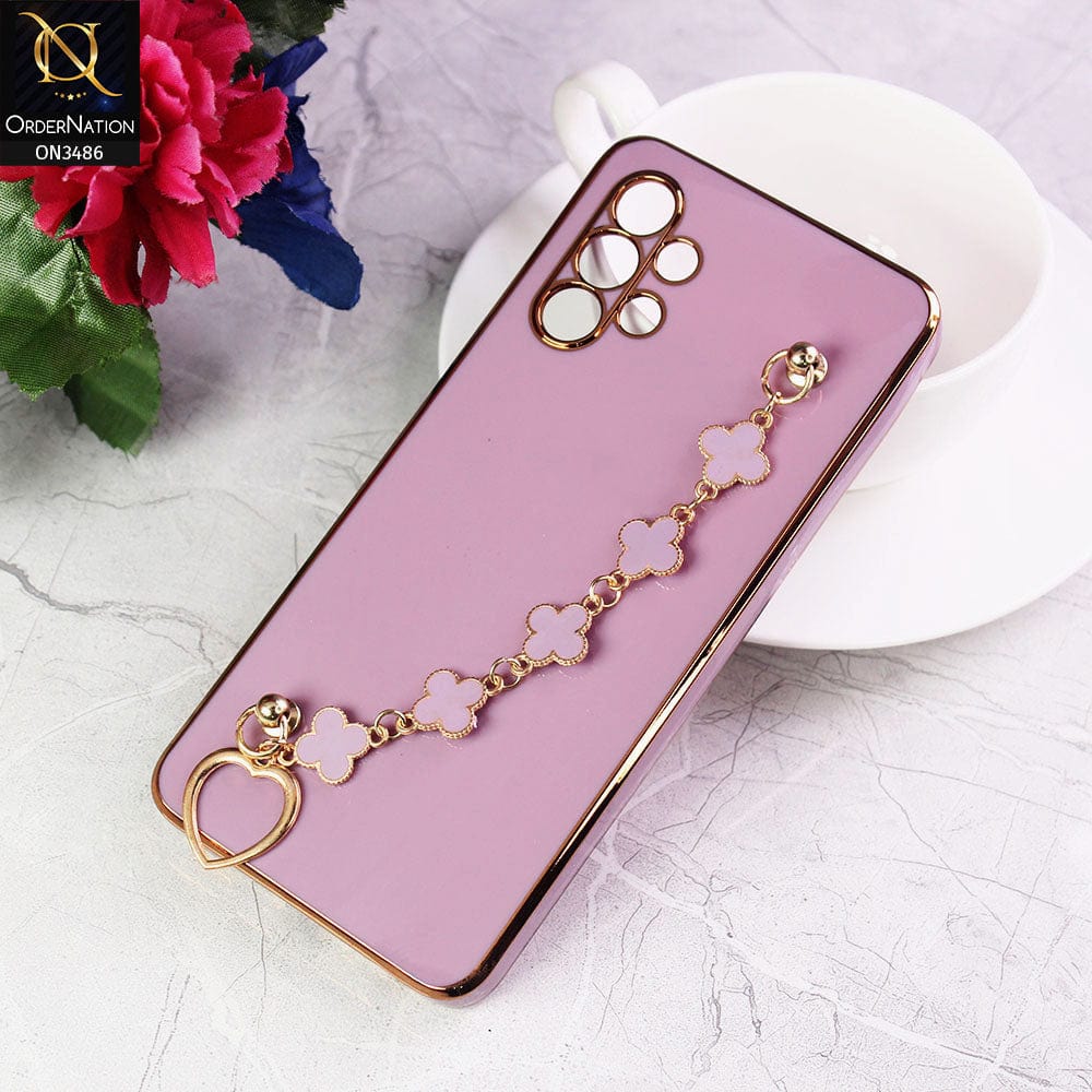 Samsung Galaxy A72 Cover - Purple - Electroplated Edges Soft Silicone Flower Chain Finger Holder Case
