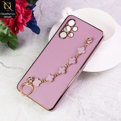 Samsung Galaxy A72 Cover - Purple - Electroplated Edges Soft Silicone Flower Chain Finger Holder Case
