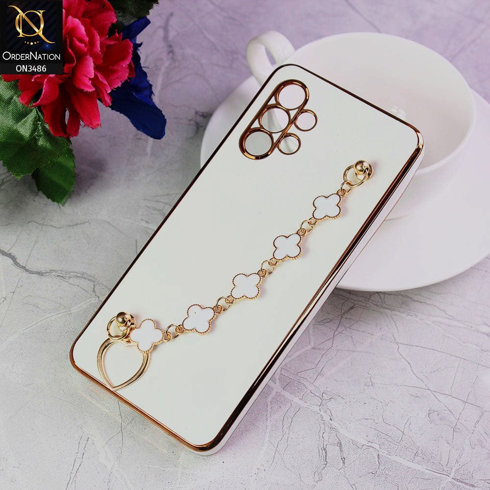 Samsung Galaxy A32 Cover - White - Electroplated Edges Soft Silicone Flower Chain Finger Holder Case