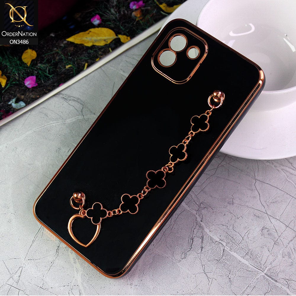 Samsung Galaxy A03 Cover - Black - Electroplated Edges Soft Silicone Flower Chain Finger Holder Case