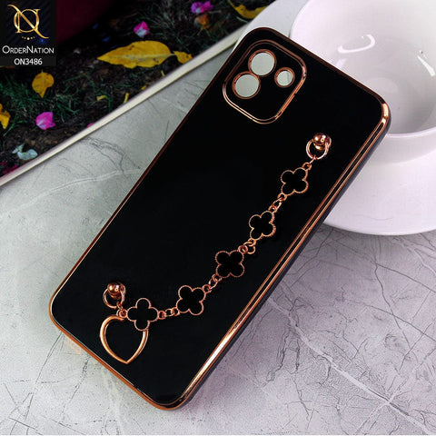 Samsung Galaxy A03 Cover - Black - Electroplated Edges Soft Silicone Flower Chain Finger Holder Case