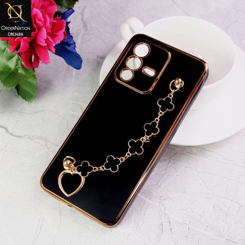 Vivo V23 5G Cover - Black - Electroplated Edges Soft Silicone Flower Chain Finger Holder Case