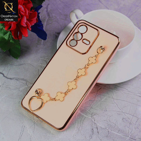 Vivo V23 5G Cover - Pink - Electroplated Edges Soft Silicone Flower Chain Finger Holder Case
