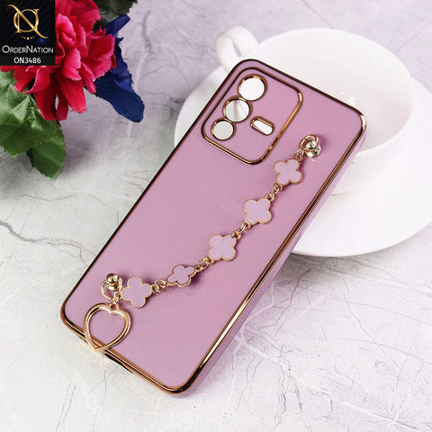 Vivo S12 Cover - Purple - Electroplated Edges Soft Silicone Flower Chain Finger Holder Case