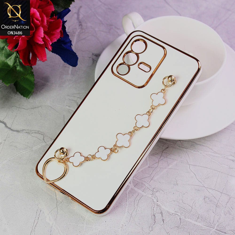 Vivo V23 5G Cover - White - Electroplated Edges Soft Silicone Flower Chain Finger Holder Case