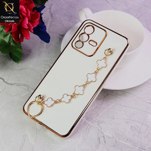 Vivo V23 5G Cover - White - Electroplated Edges Soft Silicone Flower Chain Finger Holder Case