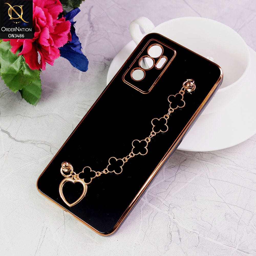 Vivo V23e Cover - Black - Electroplated Edges Soft Silicone Flower Chain Finger Holder Case