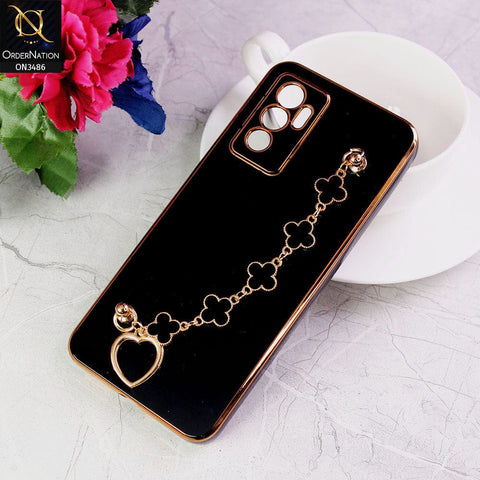 Vivo V23e Cover - Black - Electroplated Edges Soft Silicone Flower Chain Finger Holder Case