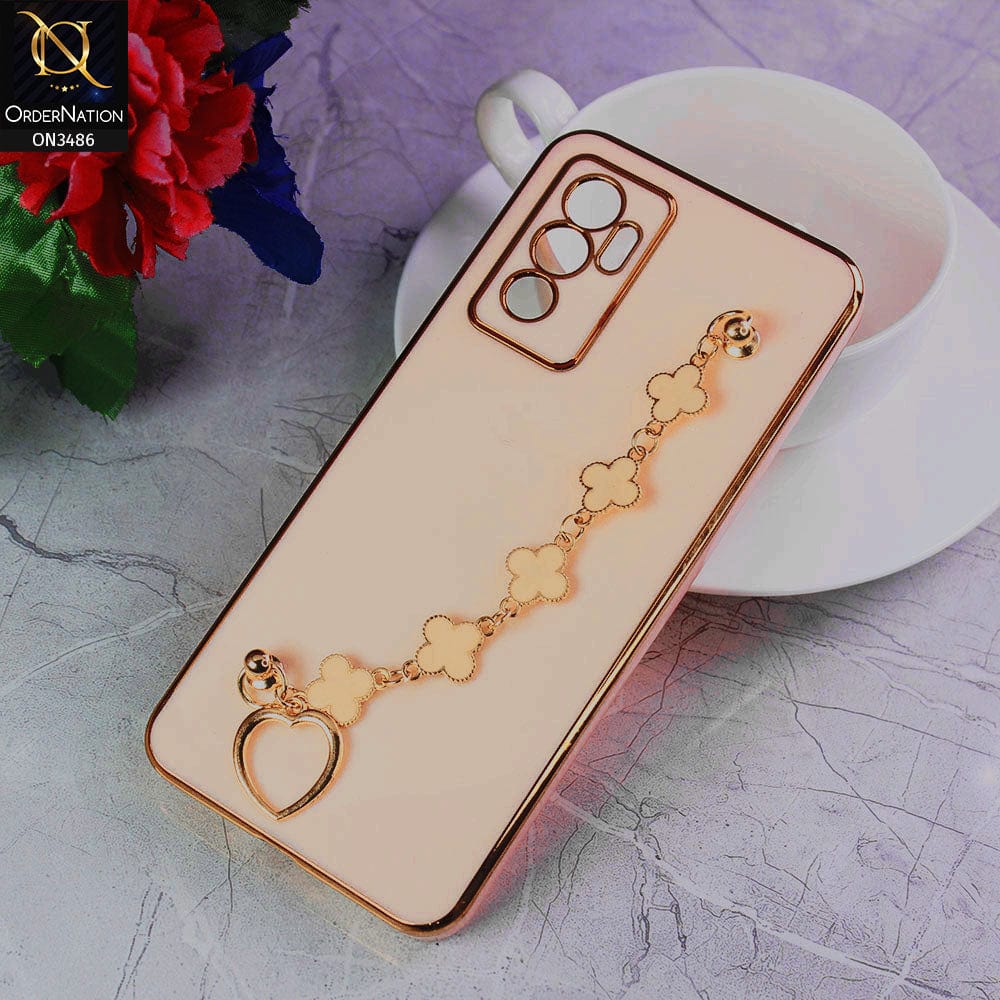 Vivo V23e Cover - Pink - Electroplated Edges Soft Silicone Flower Chain Finger Holder Case