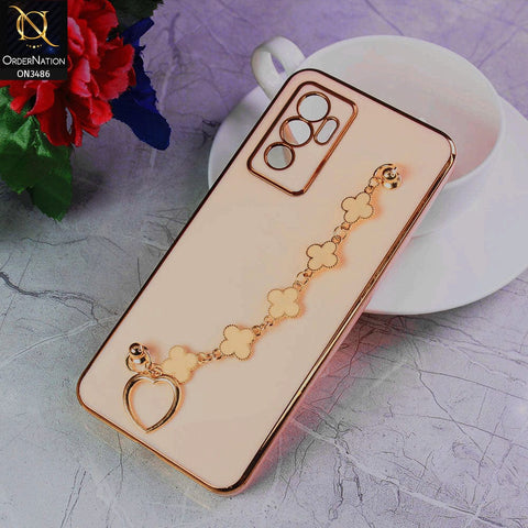 Vivo V23e Cover - Pink - Electroplated Edges Soft Silicone Flower Chain Finger Holder Case