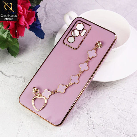 Vivo V23e Cover - Purple - Electroplated Edges Soft Silicone Flower Chain Finger Holder Case