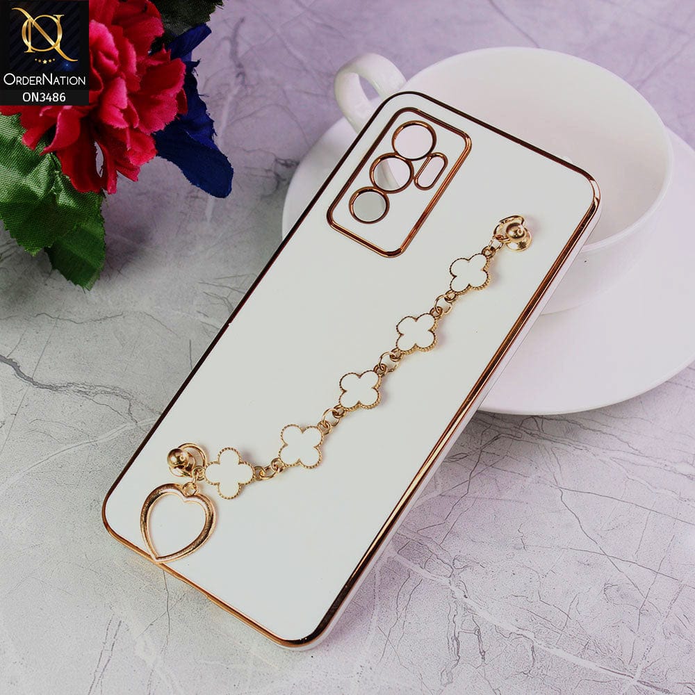 Vivo V23e Cover - White - Electroplated Edges Soft Silicone Flower Chain Finger Holder Case