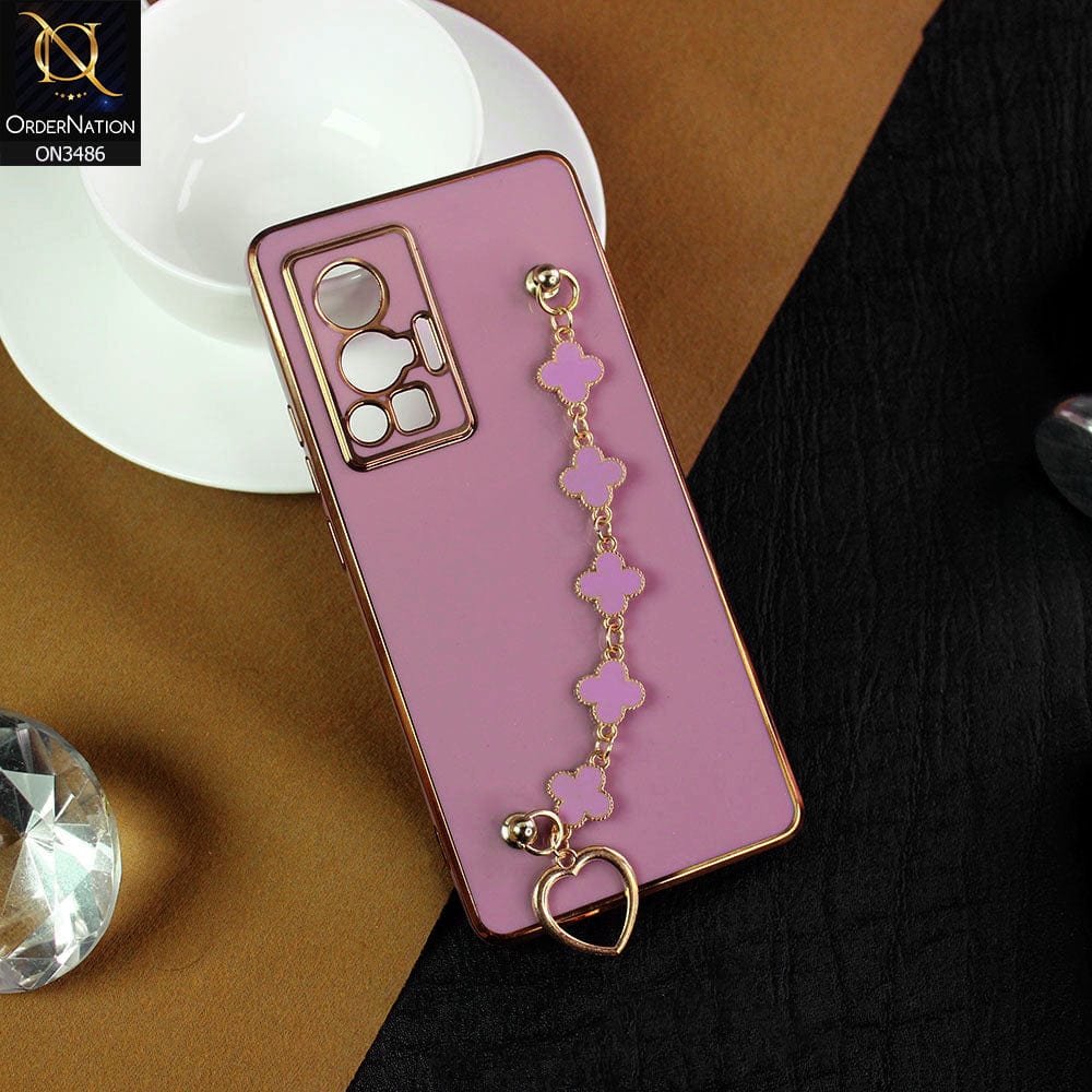 Vivo X70 Pro Cover  - Mauve - Electroplated Edges Soft Silicone Flower Chain Finger Holder Case