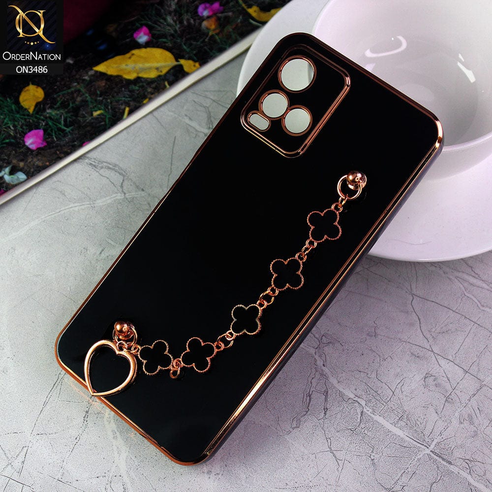 Vivo Y21t Cover - Black - Electroplated Edges Soft Silicone Flower Chain Finger Holder Case