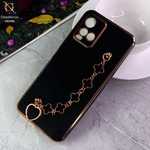Vivo Y21G Cover - Black - Electroplated Edges Soft Silicone Flower Chain Finger Holder Case