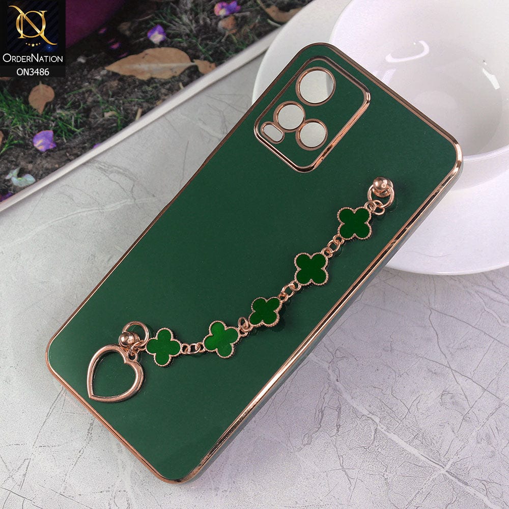 Vivo Y21t Cover - Green - Electroplated Edges Soft Silicone Flower Chain Finger Holder Case