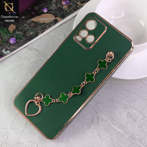 Vivo Y21e Cover - Green - Electroplated Edges Soft Silicone Flower Chain Finger Holder Case