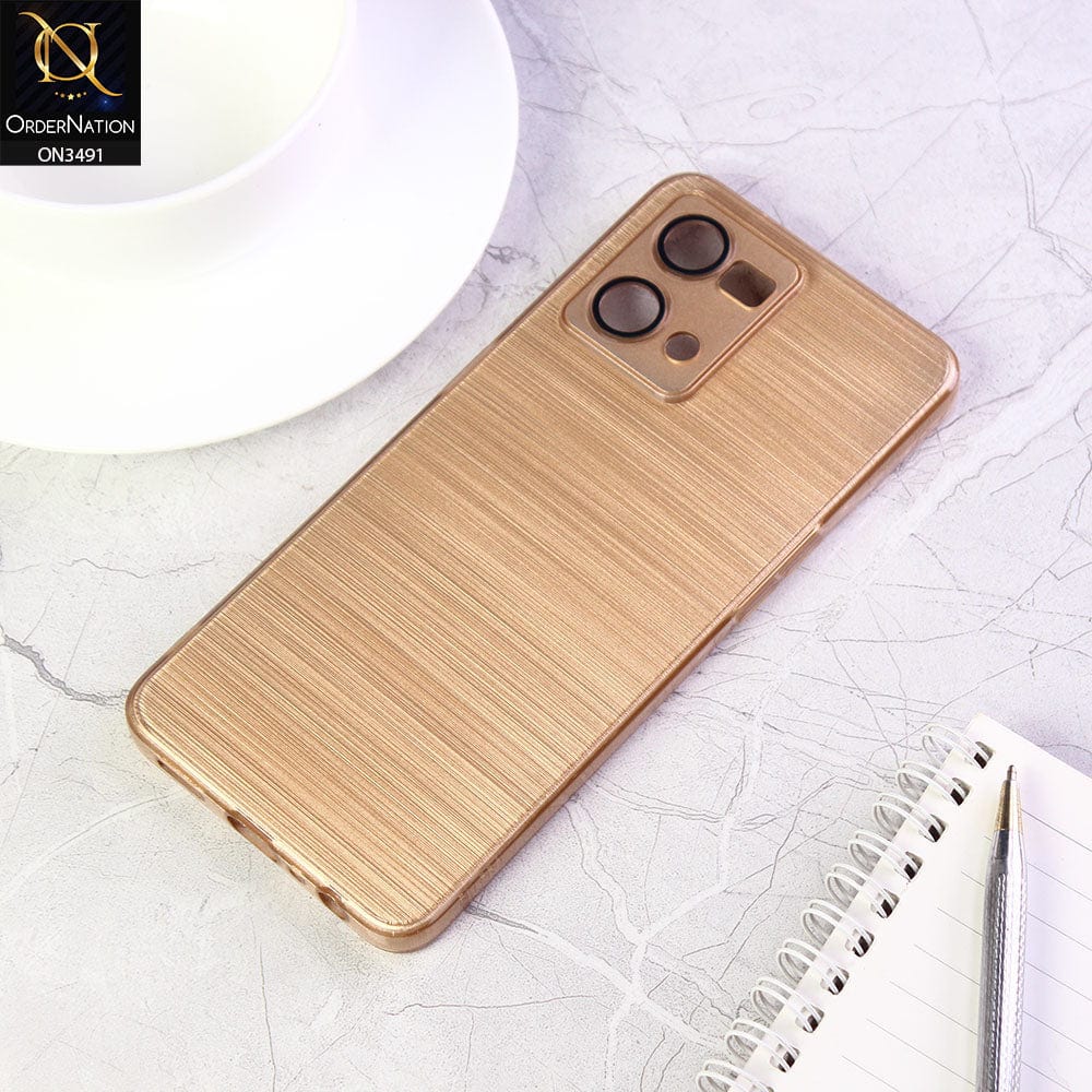 Oppo Reno 7 4G Cover - Golden -  Metal Brush Pattern Soft Silicon Tpu Case With Camera Lens Protection