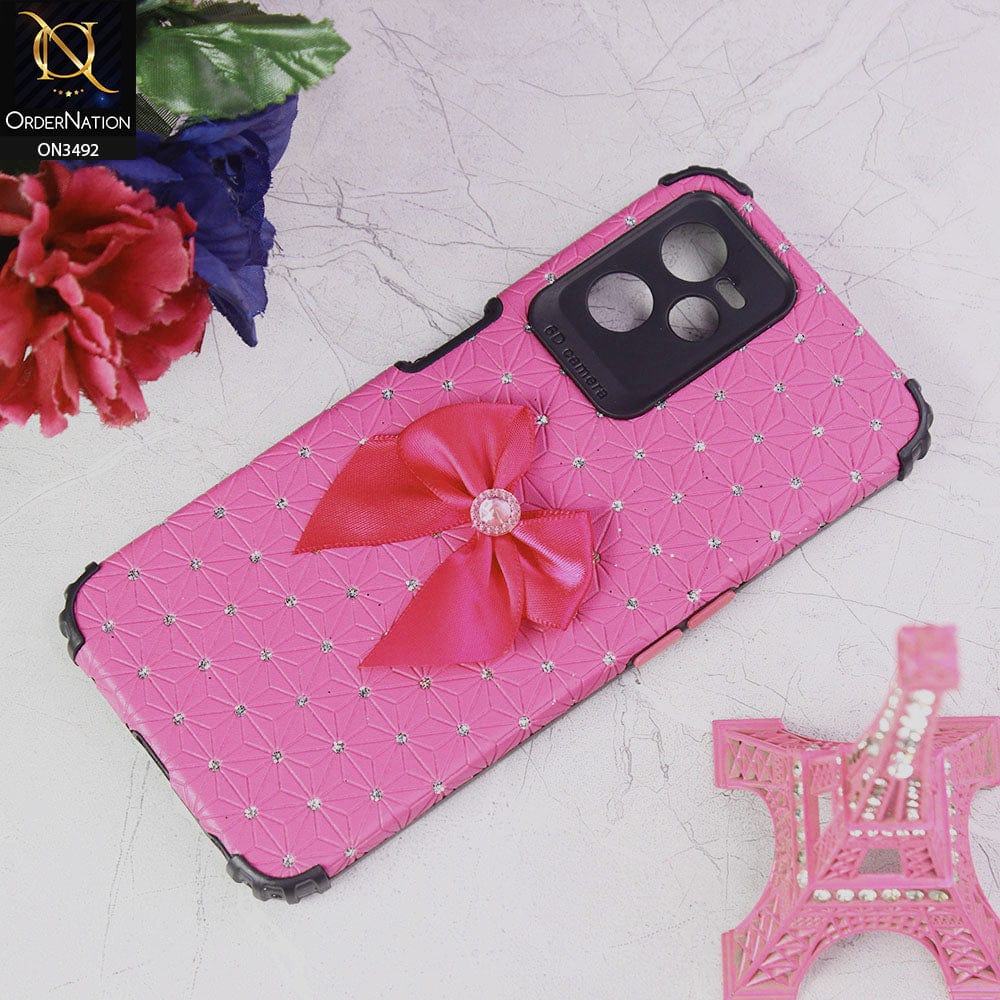Realme V25 Cover - Margenta - New Girlish Look Rhime Stone With Bow Camera Protection Soft Case