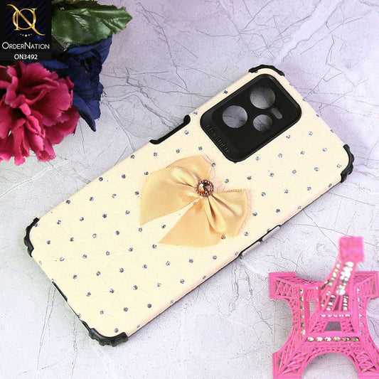 Realme C35 Cover - Off White - New Girlish Look Rhime Stone With Bow Camera Protection Soft Case