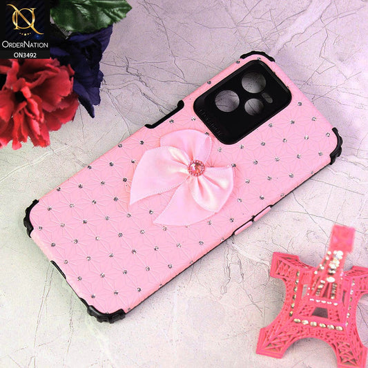 Realme C35 Cover - Pink - New Girlish Look Rhime Stone With Bow Camera Protection Soft Case