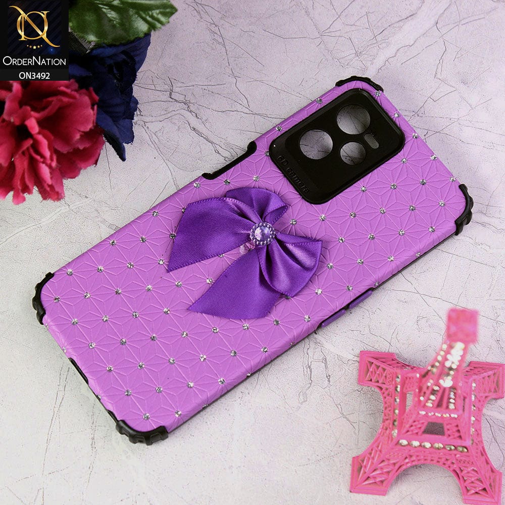 Realme V25 Cover - Purple - New Girlish Look Rhime Stone With Bow Camera Protection Soft Case