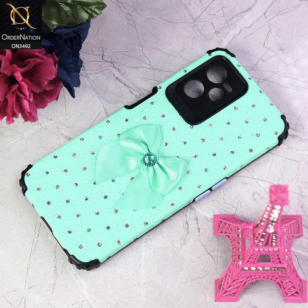 Realme V25 Cover - Sea Green - New Girlish Look Rhime Stone With Bow Camera Protection Soft Case
