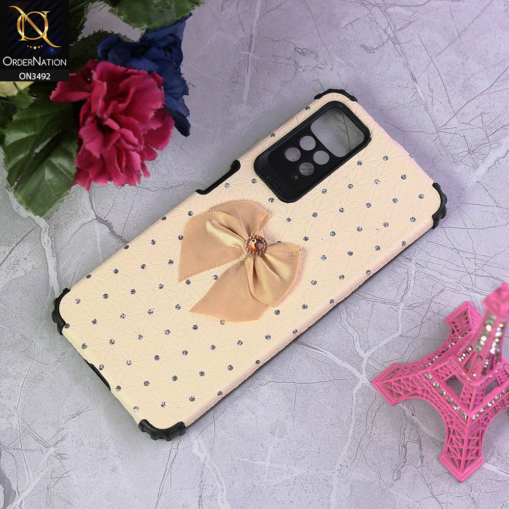 Xiaomi Redmi Note 11E Pro Cover - Off White - New Girlish Look Rhime Stone With Bow Camera Protection Soft Case