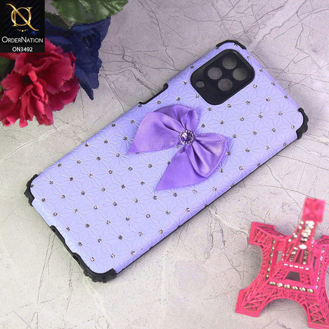 Samsung Galaxy A12 Nacho Cover - Light Purple - New Girlish Look Rhime Stone With Bow Camera Protection Soft Case