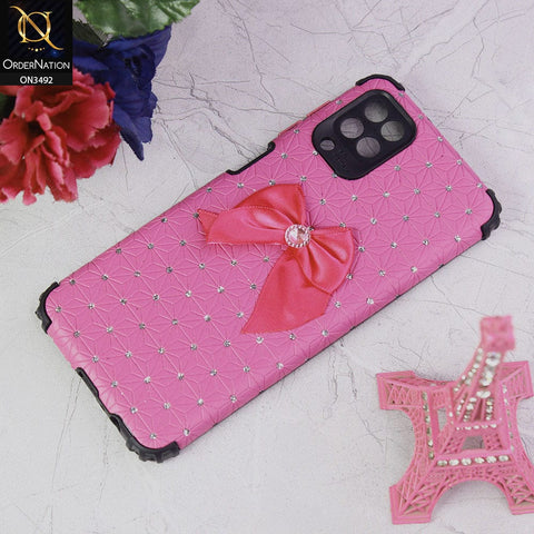 Samsung Galaxy A12 Cover - Margenta - New Girlish Look Rhime Stone With Bow Camera Protection Soft Case