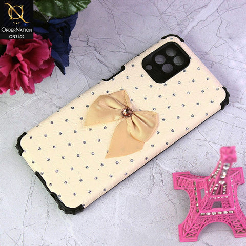Samsung Galaxy A12 Nacho Cover - Off White - New Girlish Look Rhime Stone With Bow Camera Protection Soft Case