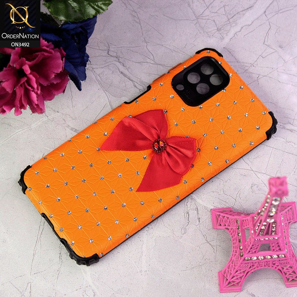 Samsung Galaxy A12 Cover - Orange - New Girlish Look Rhime Stone With Bow Camera Protection Soft Case