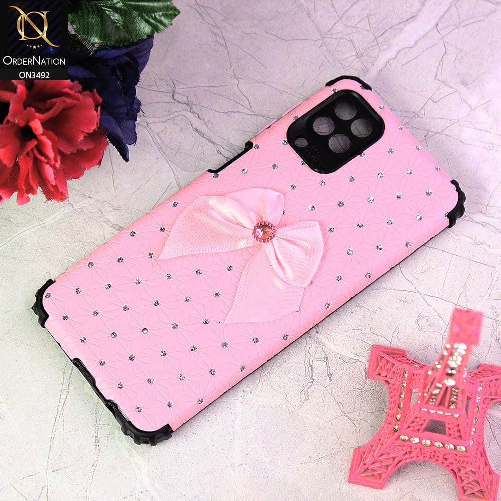 Samsung Galaxy A12 Nacho Cover - Pink - New Girlish Look Rhime Stone With Bow Camera Protection Soft Case