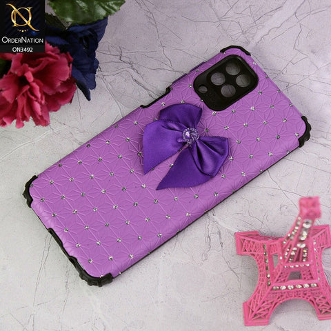 Samsung Galaxy A12 Cover - Purple - New Girlish Look Rhime Stone With Bow Camera Protection Soft Case