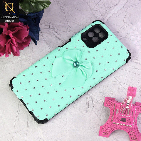 Samsung Galaxy A12 Nacho Cover - Sea Green - New Girlish Look Rhime Stone With Bow Camera Protection Soft Case