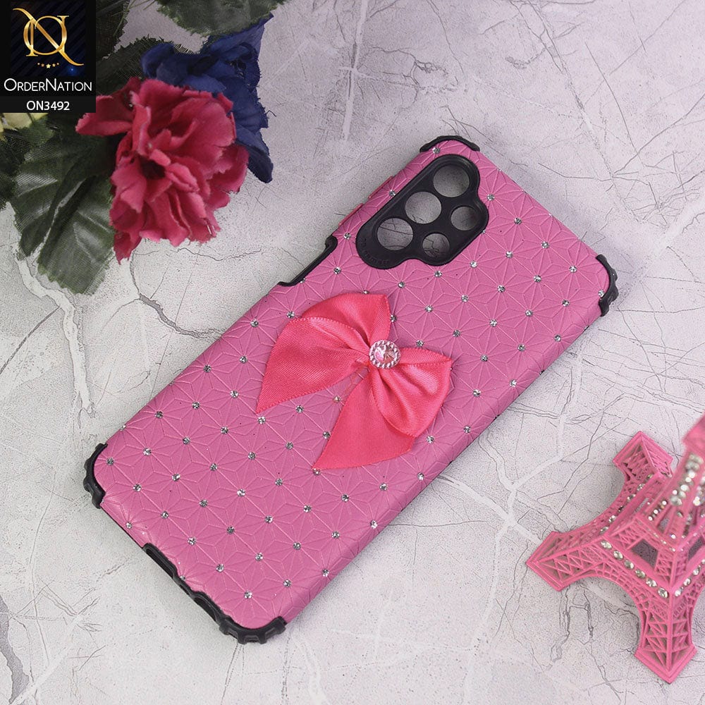Samsung Galaxy A13 Cover - Margenta - New Girlish Look Rhime Stone With Bow Camera Protection Soft Case