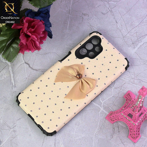 Samsung Galaxy A13 Cover - Off White - New Girlish Look Rhime Stone With Bow Camera Protection Soft Case