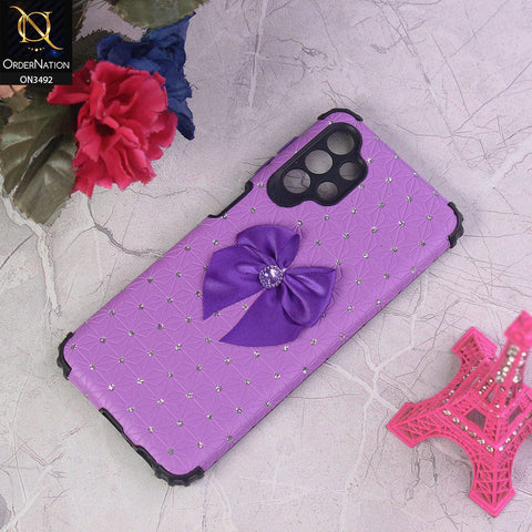 Samsung Galaxy A13 Cover - Purple - New Girlish Look Rhime Stone With Bow Camera Protection Soft Case