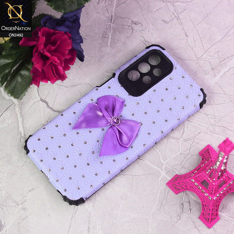 Samsung Galaxy A23 Cover - Light Purple - New Girlish Look Rhime Stone With Bow Camera Protection Soft Case