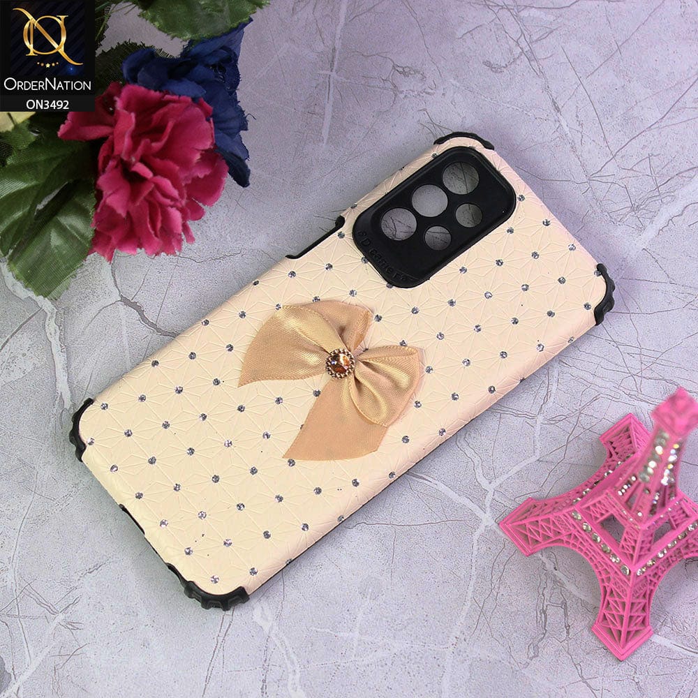 Samsung Galaxy A23 5G Cover - Off White - New Girlish Look Rhime Stone With Bow Camera Protection Soft Case