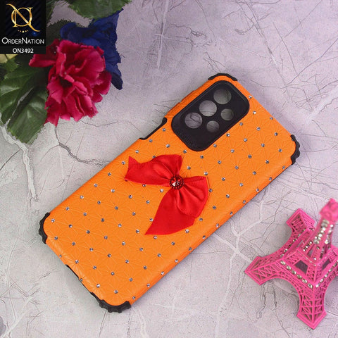 Samsung Galaxy A23 Cover - Orange - New Girlish Look Rhime Stone With Bow Camera Protection Soft Case
