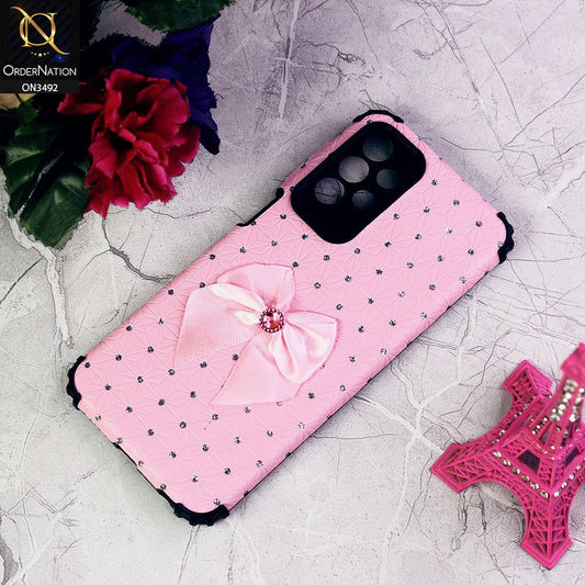 Samsung Galaxy A23 Cover - Pink - New Girlish Look Rhime Stone With Bow Camera Protection Soft Case