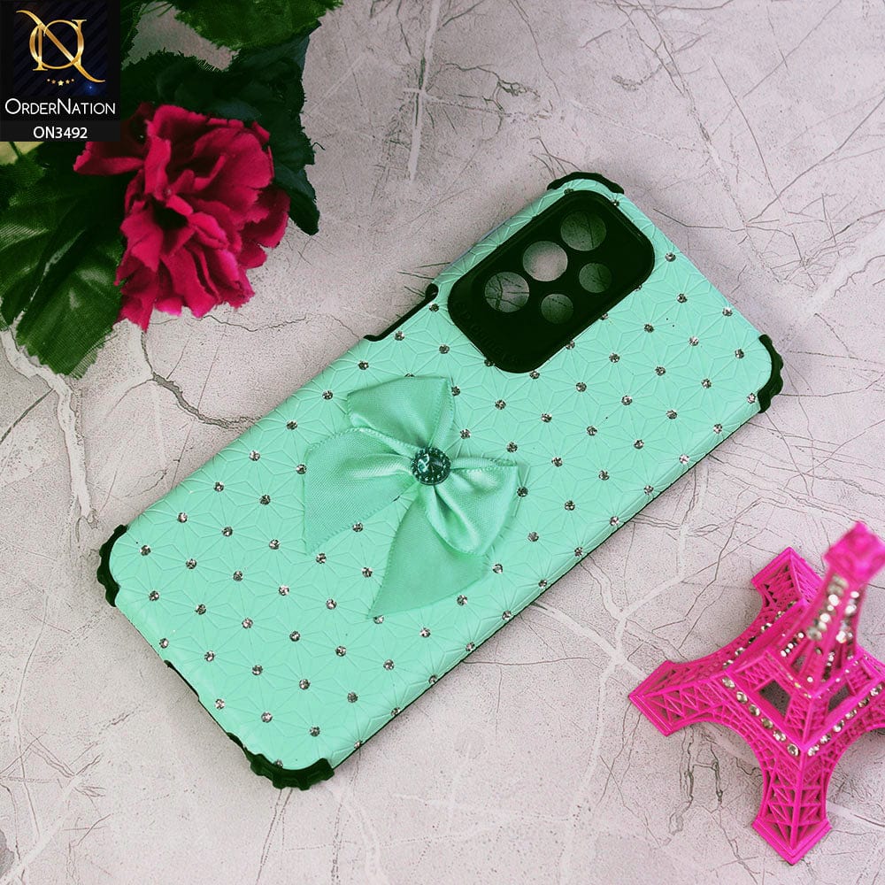 Samsung Galaxy A23 Cover - Sea Green - New Girlish Look Rhime Stone With Bow Camera Protection Soft Case