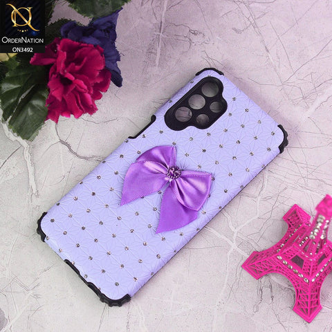 Samsung Galaxy A32 Cover - Light Purple - New Girlish Look Rhime Stone With Bow Camera Protection Soft Case