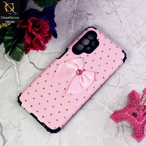 Samsung Galaxy A32 Cover - Pink - New Girlish Look Rhime Stone With Bow Camera Protection Soft Case